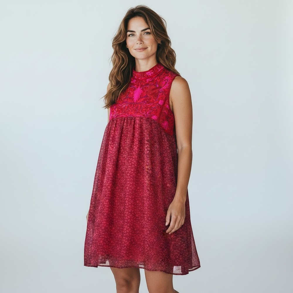 Niki Tlahapan Anthropologie Arma Red Embroidered Mock Neck Shift Dress Size 8